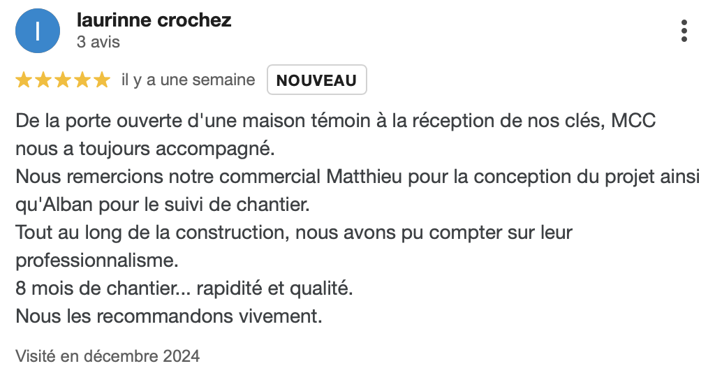 Nouvel avis google de Laurine pour Maisons Caen Construction